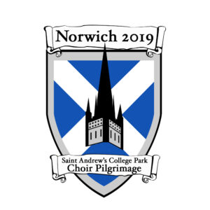 The Norwich 2019 Pilgrimage logo showing the tower of Norwich Cathedral against a flag of a white cross over a blue background, symbolizing St. Andrew's.