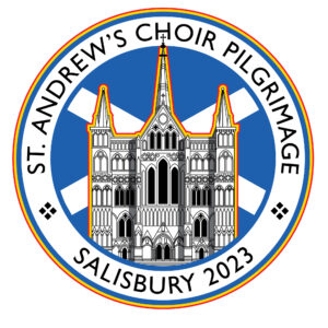 The Choir Pilgrimage for Salisbury 2023, showing the face of Salisbury Cathedral over a flag of a white cross on a blue background symbolizing St. Andrew.